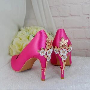 Hot Kiss Fuchsia Heels with Gold Floral Accents